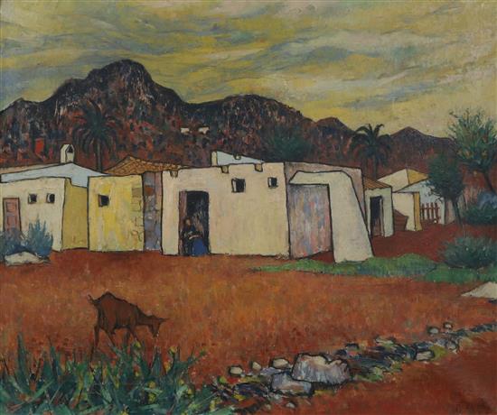 Guus Melai (Dutch 1923-2000), oil on board, Landscape with adobe houses and a goat on the foreground,